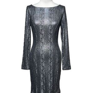 Cache Long Sleeve Grey Metallic Sheath Dress Size 2
